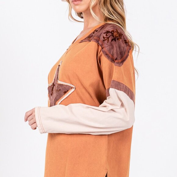 Star Patch Long Sleeve Color Block T-Shirt - Picture 3 of 7